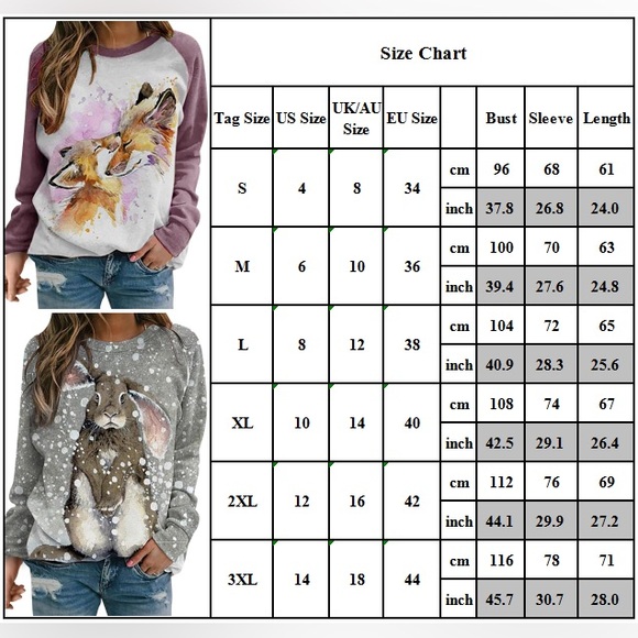 New! Women’s Bunny Rabbit Print Long Sleeve T-Shirt Casual Tee Size Small - Picture 11 of 13